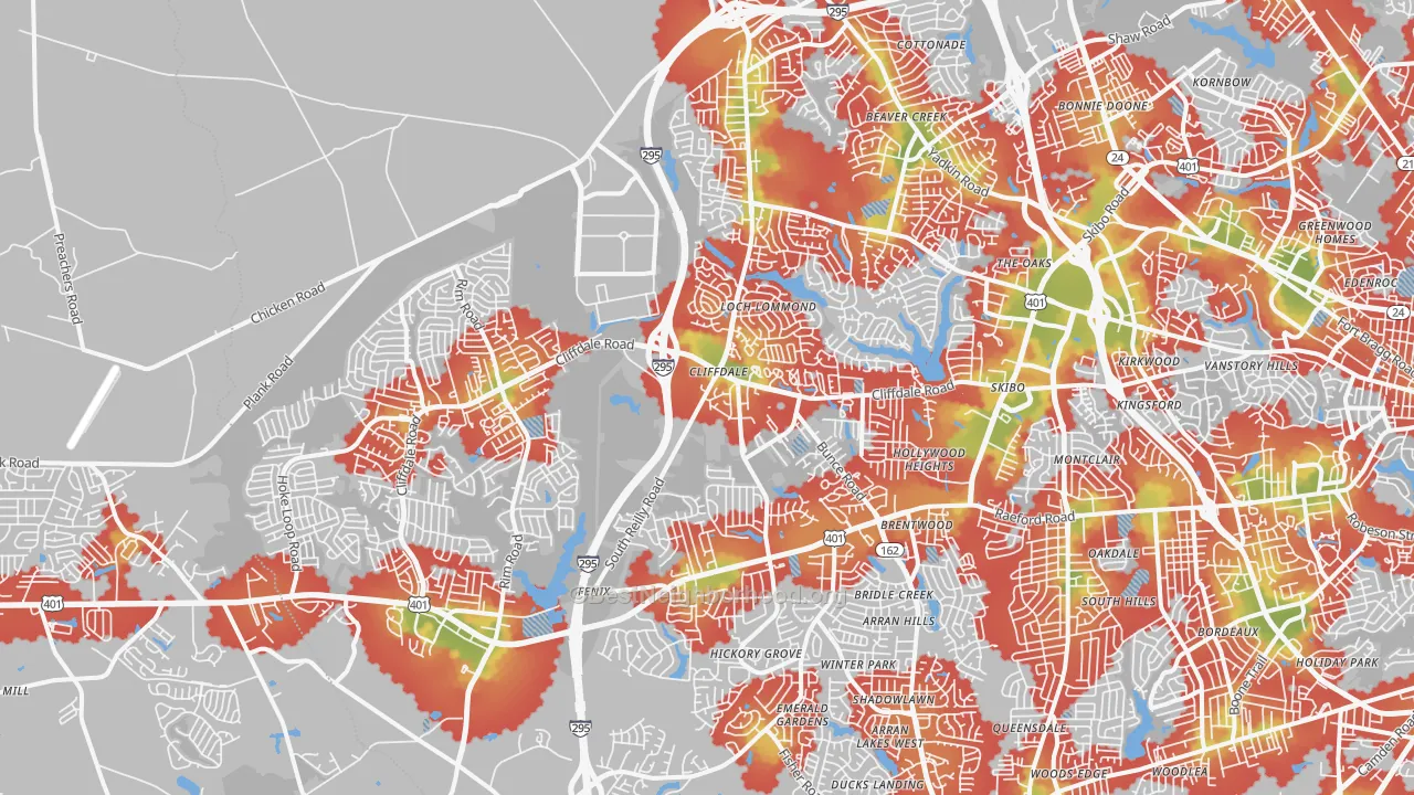 Walk Grade map of 28314, NC, walkable areas in green and car-dependent areas in red