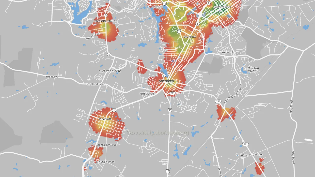 Walk Grade map of 28315, NC, walkable areas in green and car-dependent areas in red