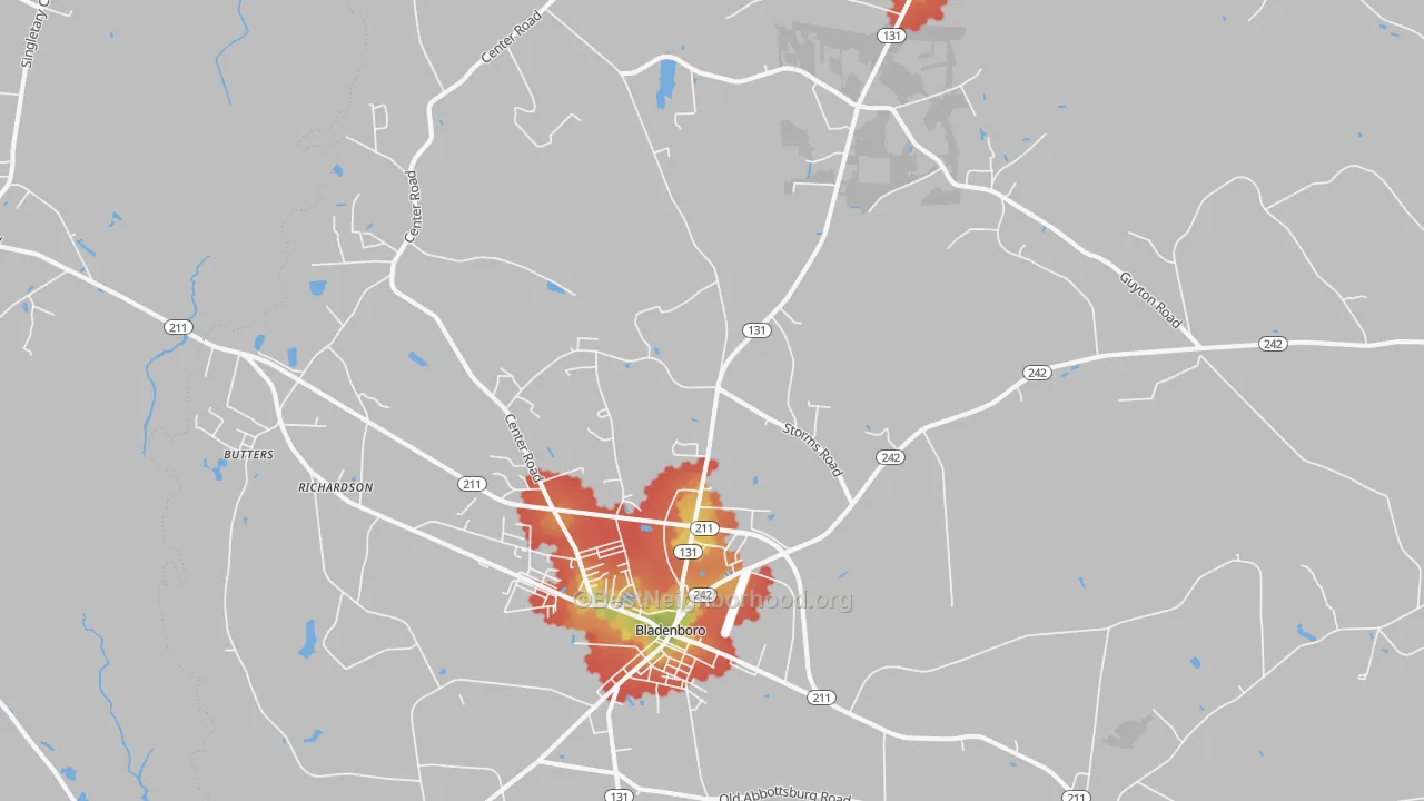Walk Grade map of 28320, NC, walkable areas in green and car-dependent areas in red