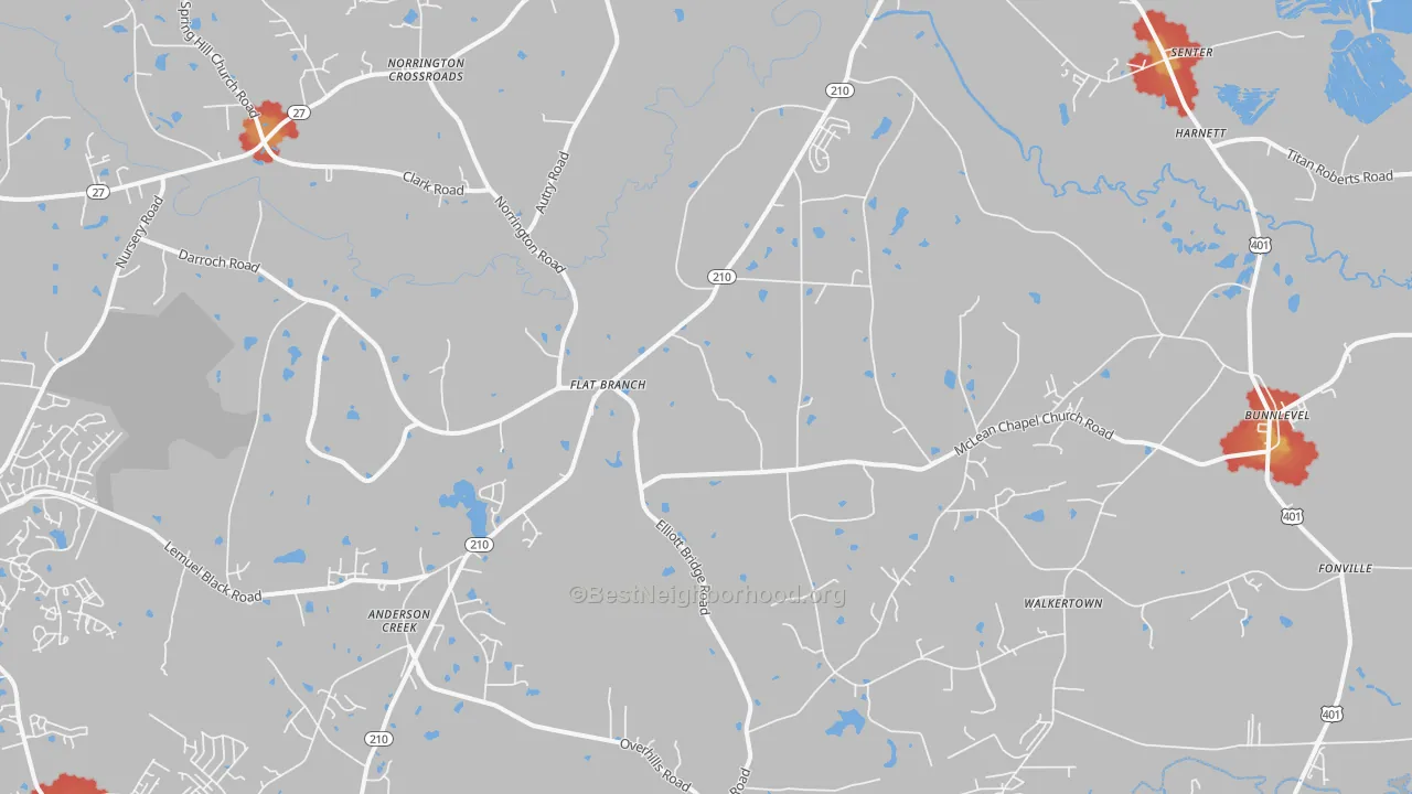 Walk Grade map of 28323, NC, walkable areas in green and car-dependent areas in red