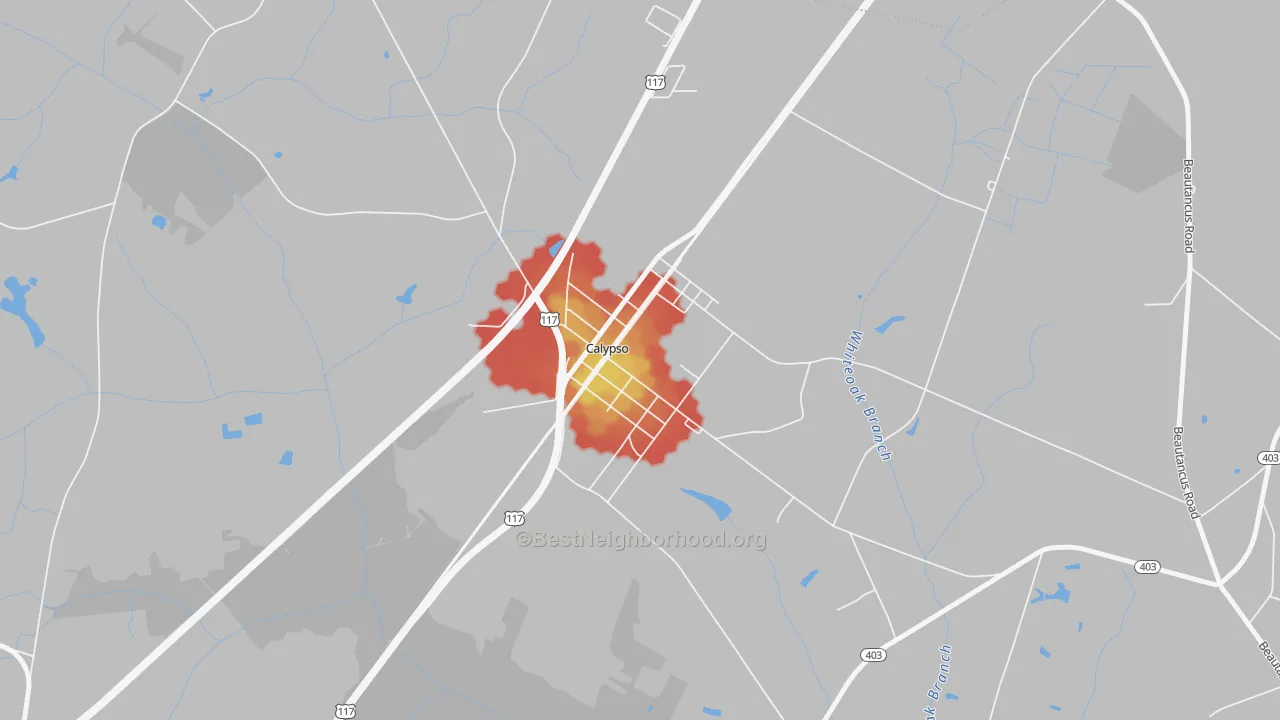 Walk Grade map of 28325, NC, walkable areas in green and car-dependent areas in red