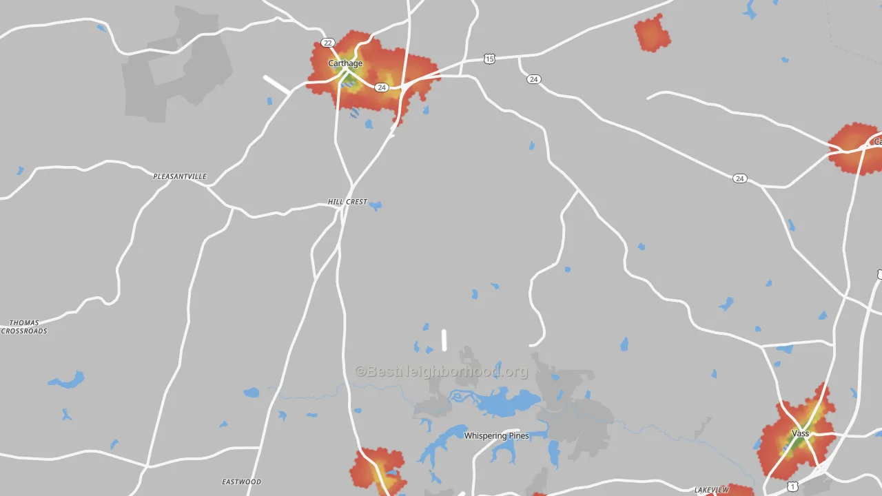 Walk Grade map of 28327, NC, walkable areas in green and car-dependent areas in red
