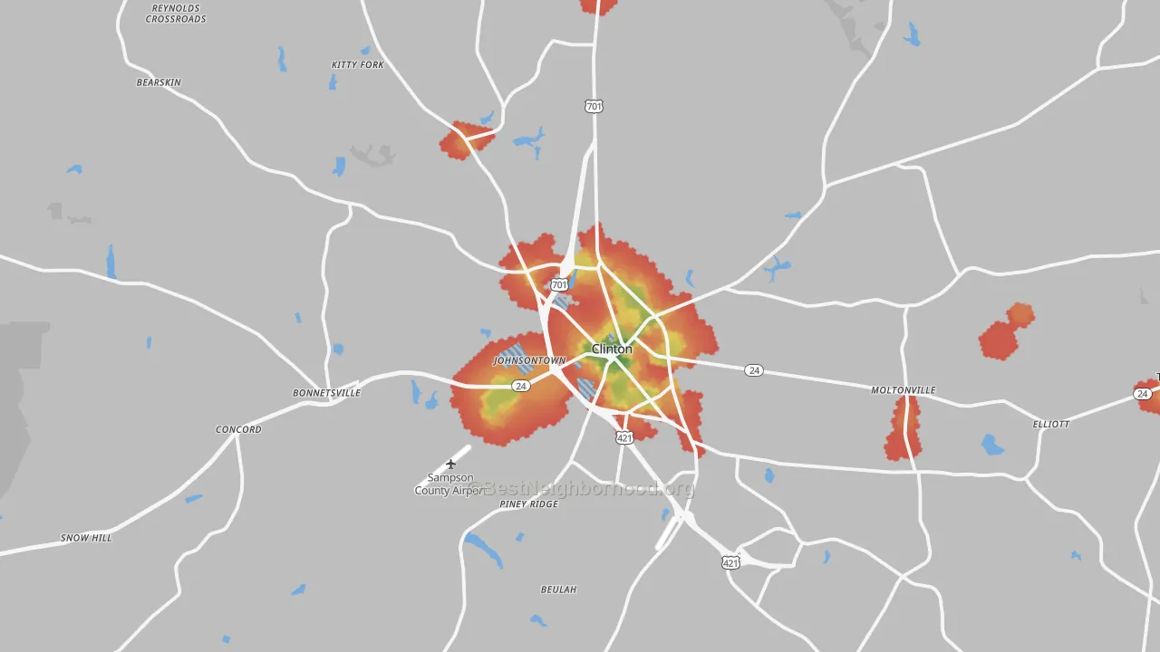 Walk Grade map of 28328, NC, walkable areas in green and car-dependent areas in red