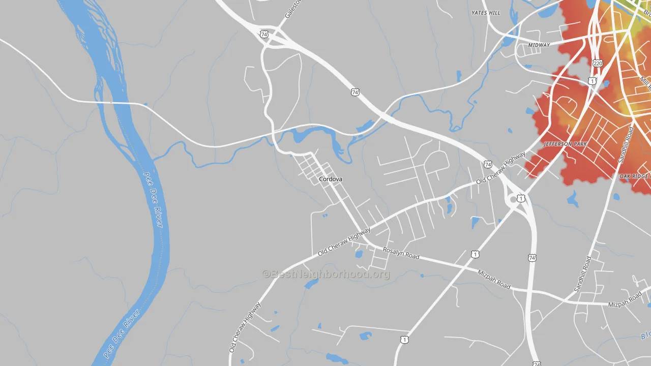Walk Grade map of 28330, NC, walkable areas in green and car-dependent areas in red