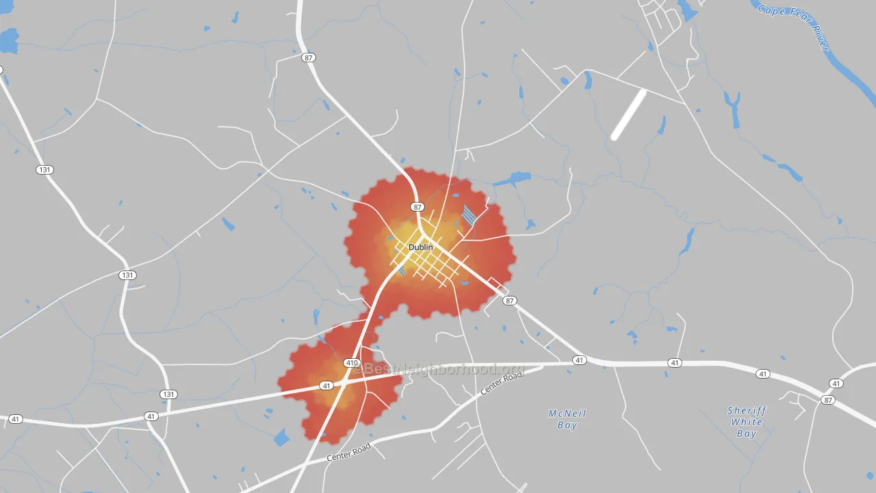 Walk Grade map of 28332, NC, walkable areas in green and car-dependent areas in red