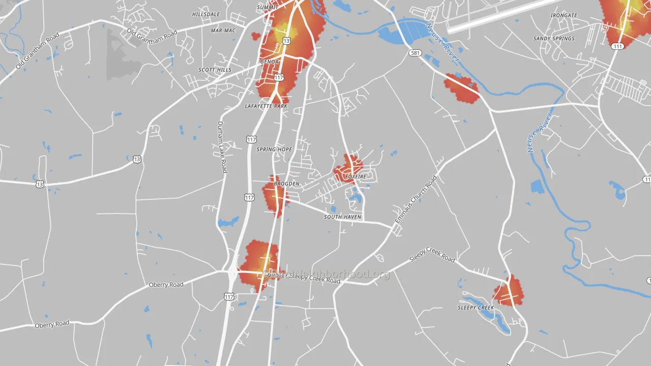Walk Grade map of 28333, NC, walkable areas in green and car-dependent areas in red