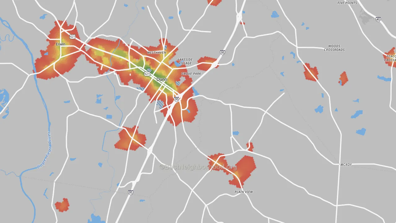 Walk Grade map of 28334, NC, walkable areas in green and car-dependent areas in red