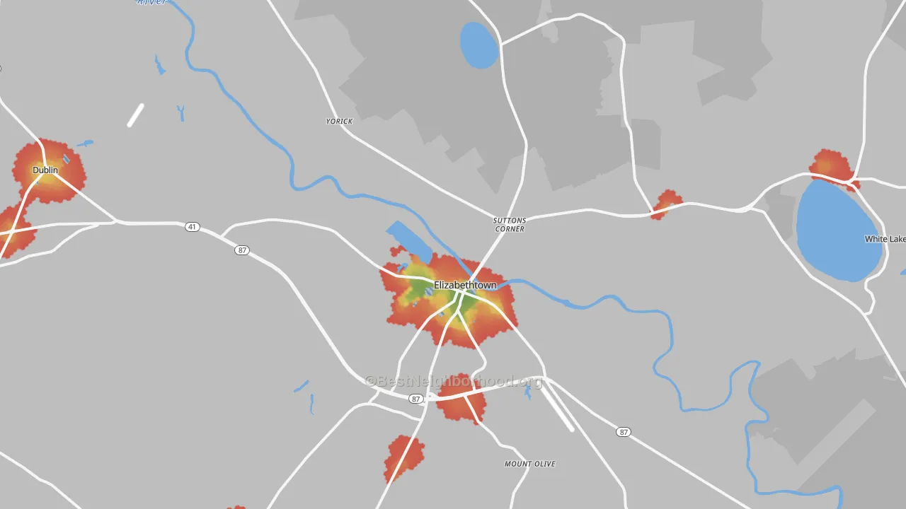 Walk Grade map of 28337, NC, walkable areas in green and car-dependent areas in red