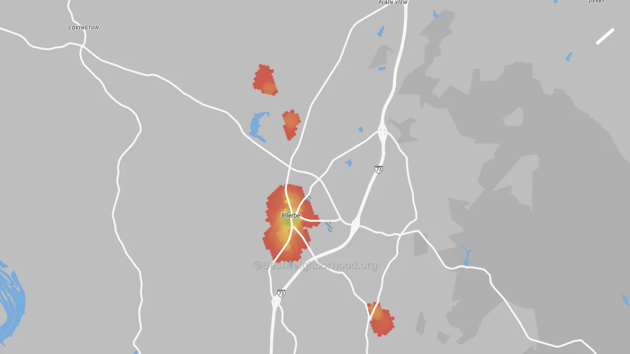 Walk Grade map of 28338, NC, walkable areas in green and car-dependent areas in red