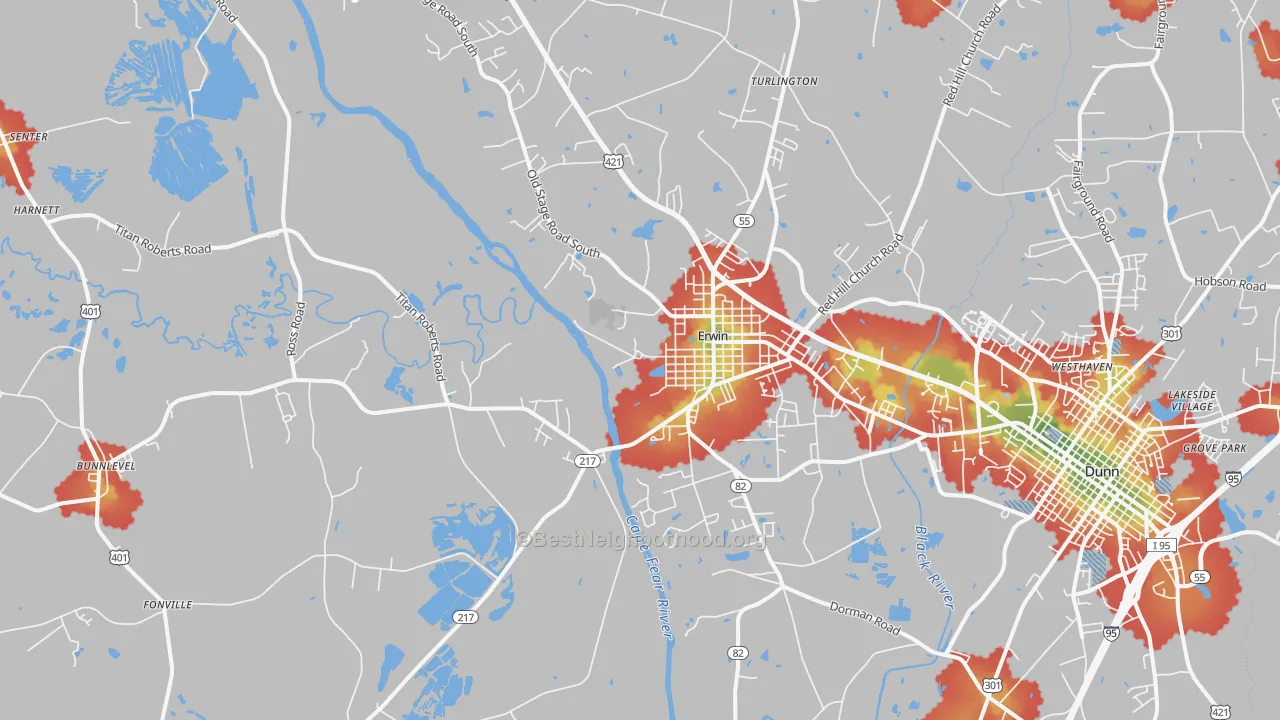 Walk Grade map of 28339, NC, walkable areas in green and car-dependent areas in red