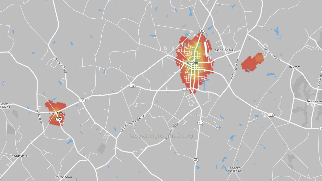Walk Grade map of 28340, NC, walkable areas in green and car-dependent areas in red