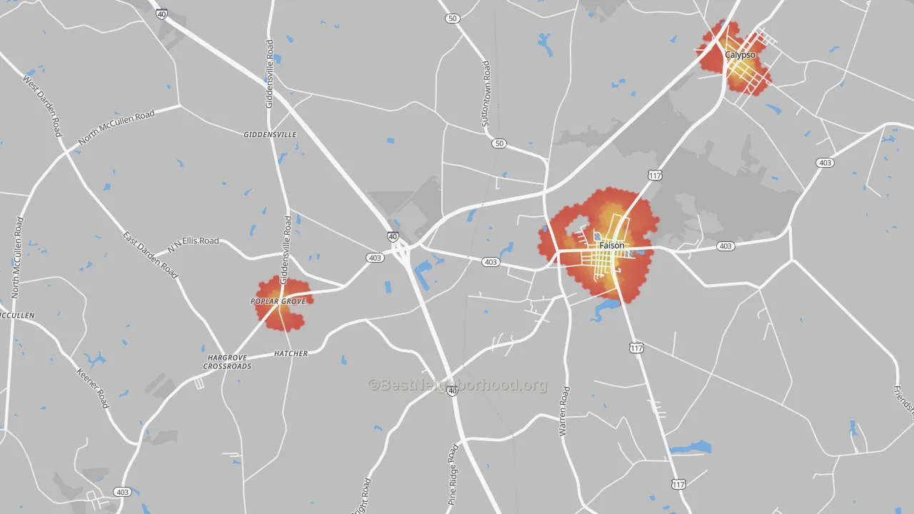 Walk Grade map of 28341, NC, walkable areas in green and car-dependent areas in red