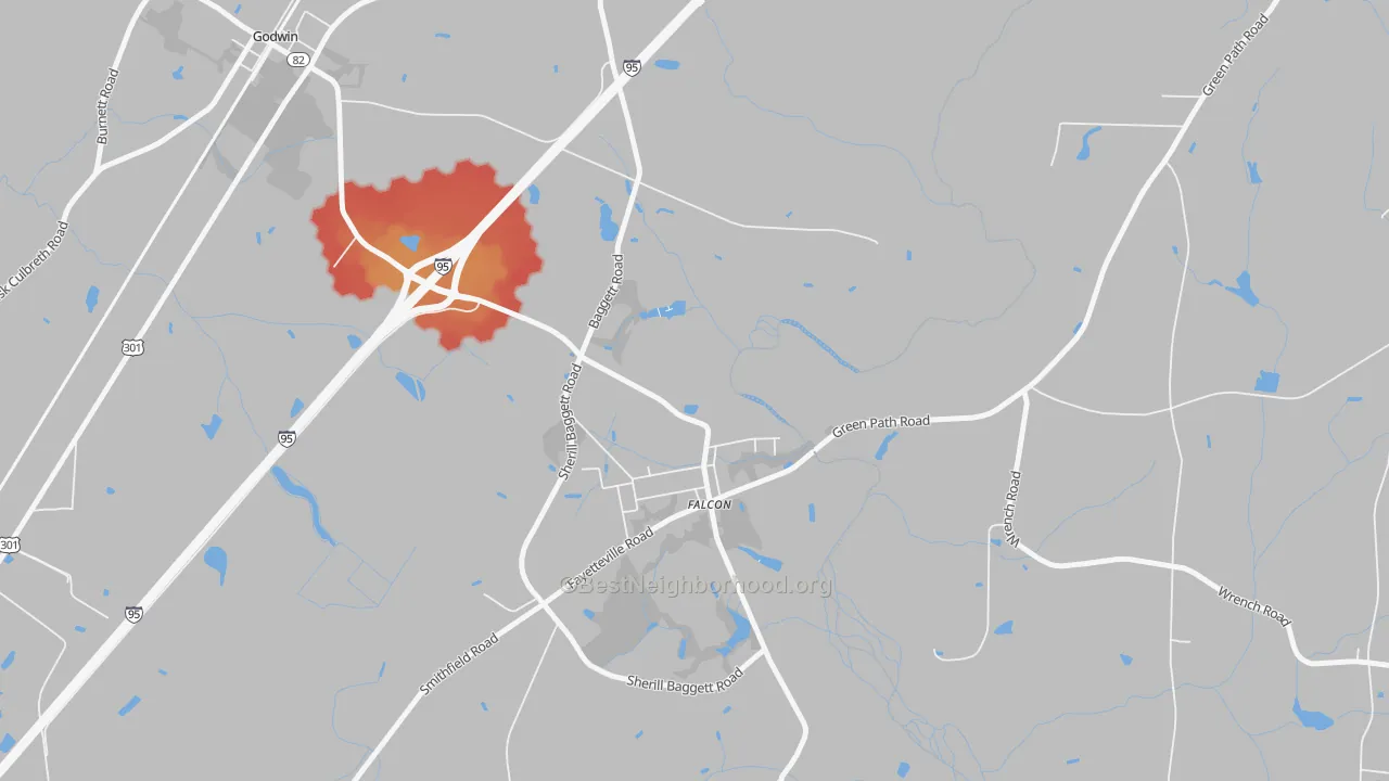 Walk Grade map of 28342, NC, walkable areas in green and car-dependent areas in red