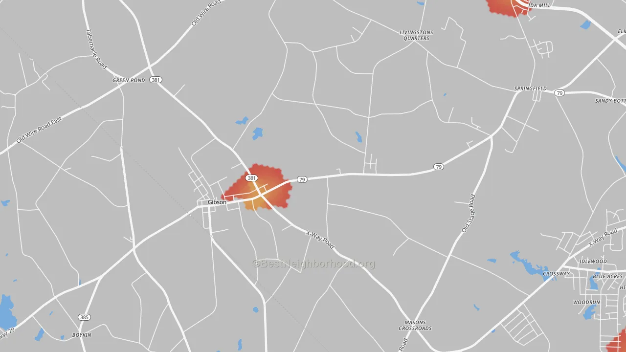 Walk Grade map of 28343, NC, walkable areas in green and car-dependent areas in red