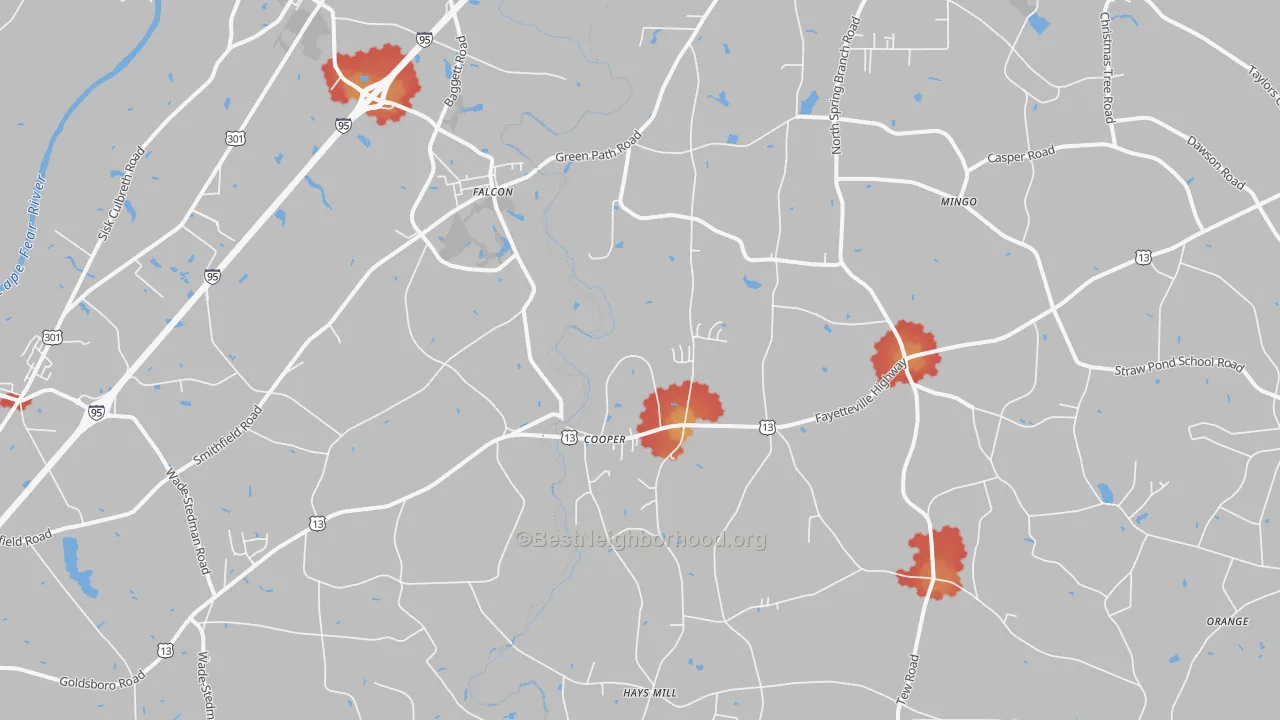 Walk Grade map of 28344, NC, walkable areas in green and car-dependent areas in red