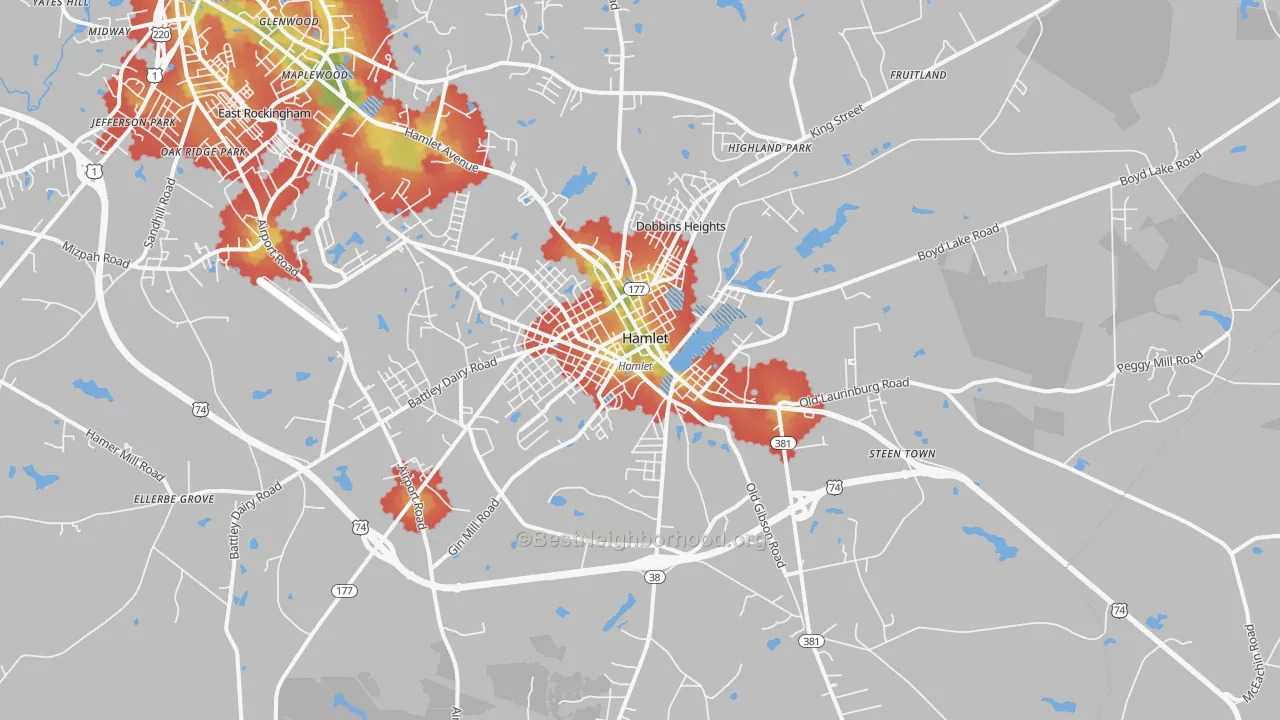 Walk Grade map of 28345, NC, walkable areas in green and car-dependent areas in red