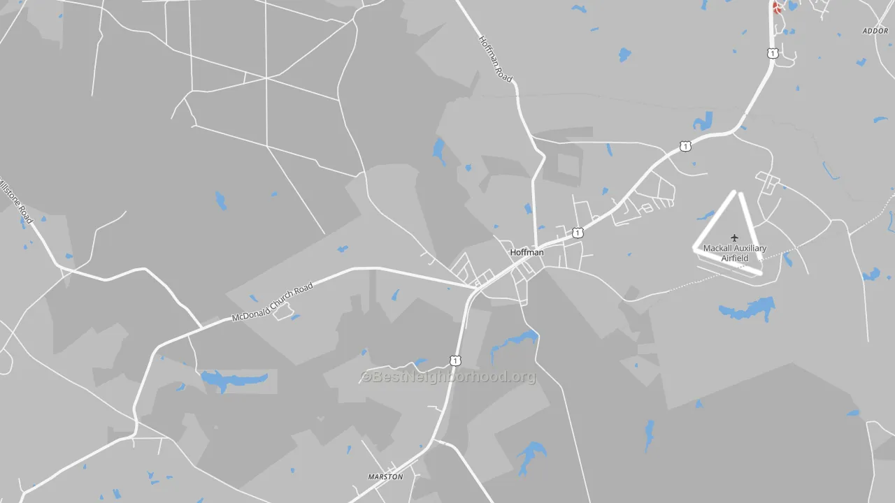 Walk Grade map of 28347, NC, walkable areas in green and car-dependent areas in red