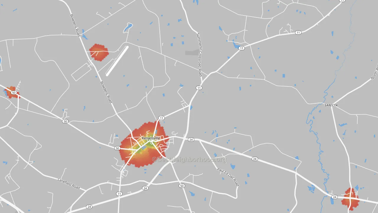 Walk Grade map of 28349, NC, walkable areas in green and car-dependent areas in red