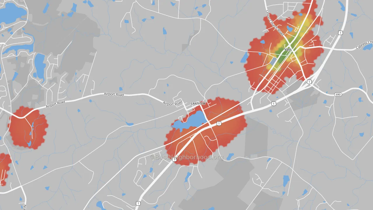Walk Grade map of 28350, NC, walkable areas in green and car-dependent areas in red