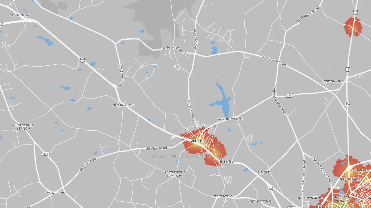 Walk Grade map of 28351, NC, walkable areas in green and car-dependent areas in red