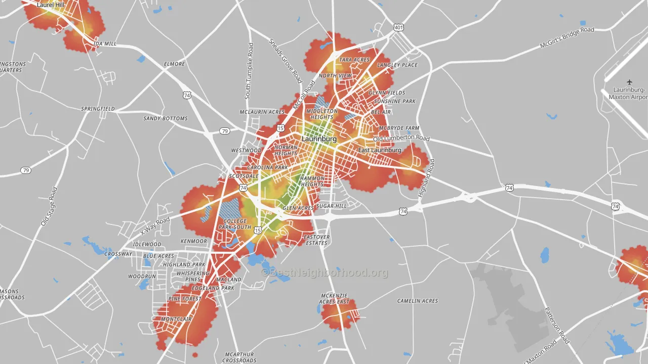 Walk Grade map of 28352, NC, walkable areas in green and car-dependent areas in red