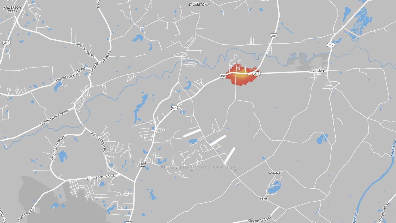 Walk Grade map of 28356, NC, walkable areas in green and car-dependent areas in red