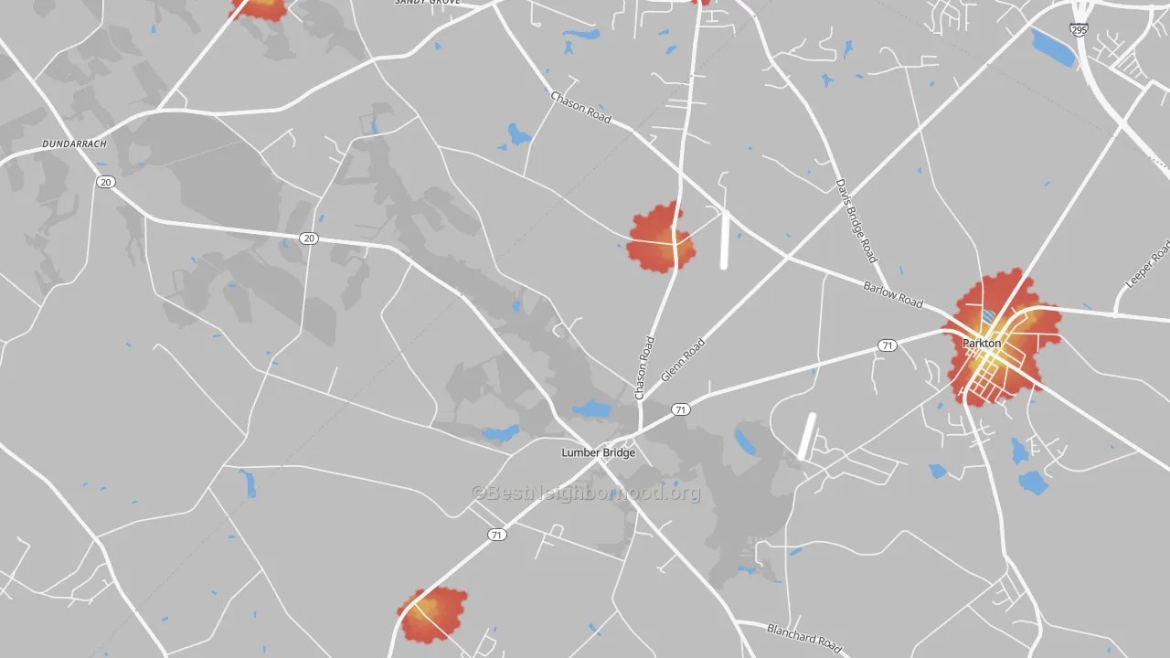 Walk Grade map of 28357, NC, walkable areas in green and car-dependent areas in red