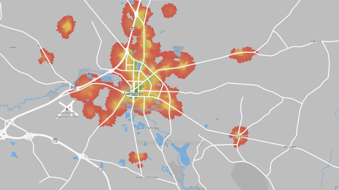 Walk Grade map of 28358, NC, walkable areas in green and car-dependent areas in red