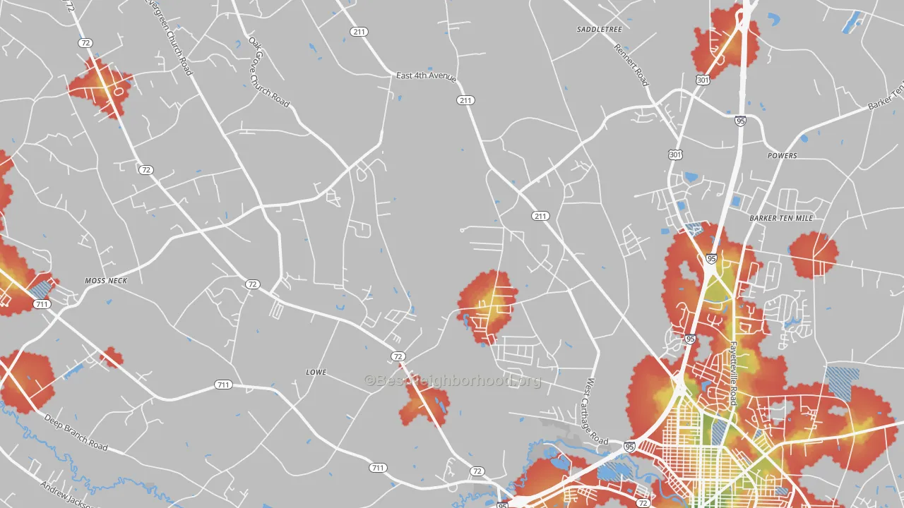Walk Grade map of 28360, NC, walkable areas in green and car-dependent areas in red