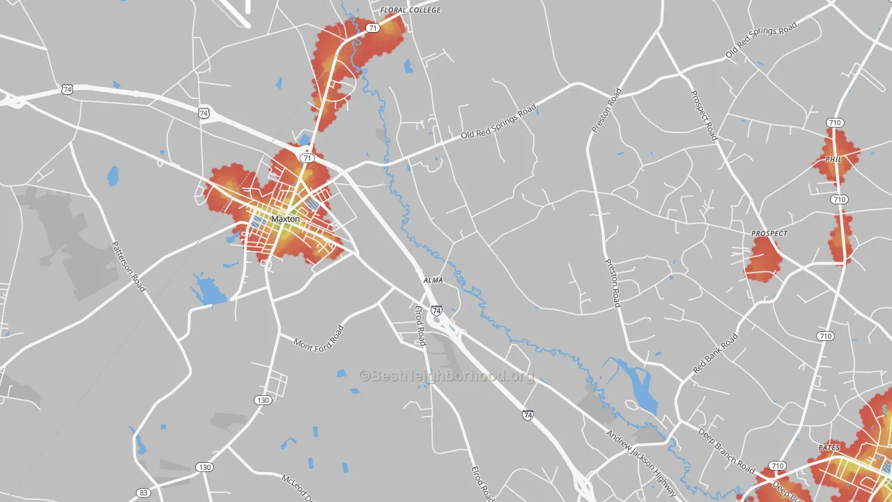 Walk Grade map of 28364, NC, walkable areas in green and car-dependent areas in red