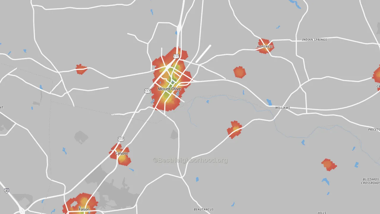 Walk Grade map of 28365, NC, walkable areas in green and car-dependent areas in red
