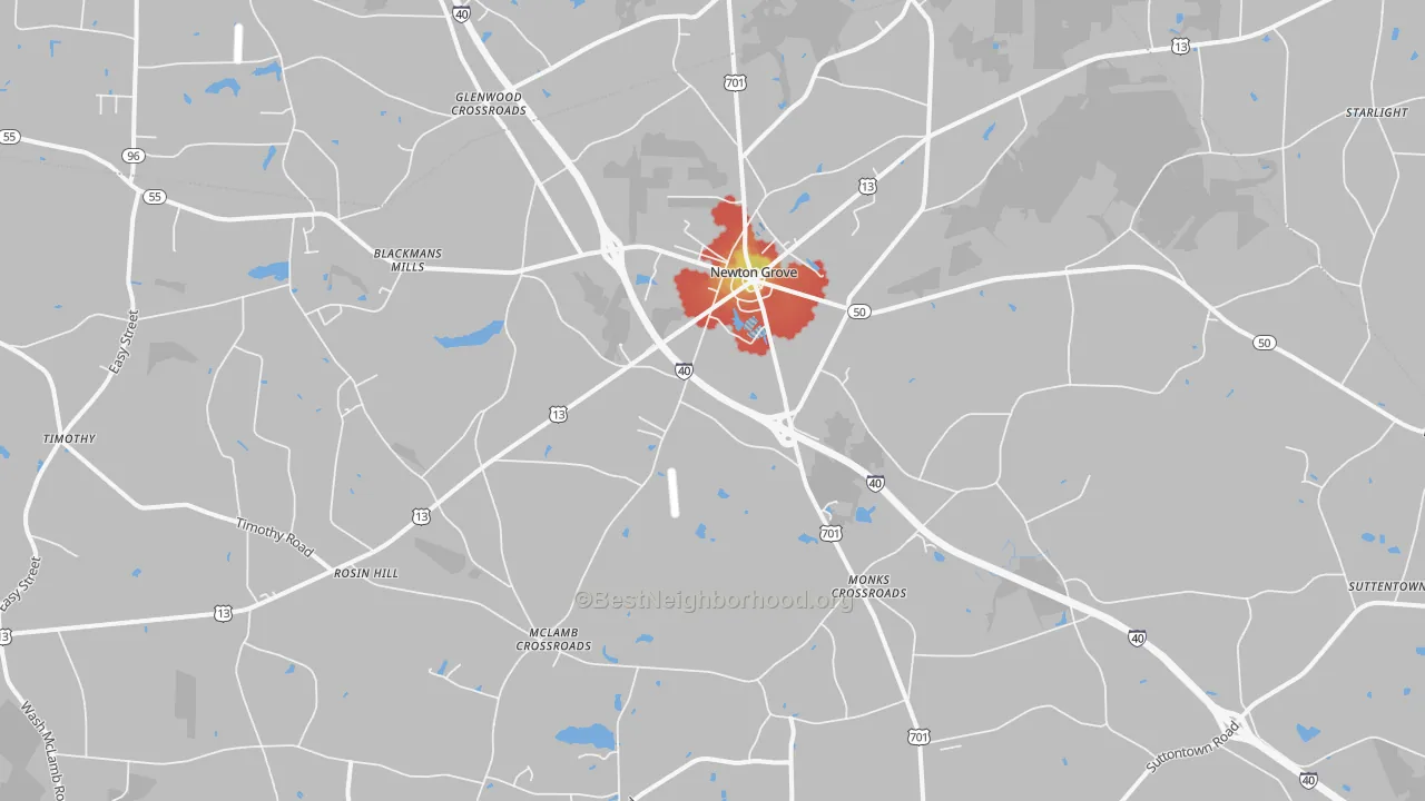 Walk Grade map of 28366, NC, walkable areas in green and car-dependent areas in red