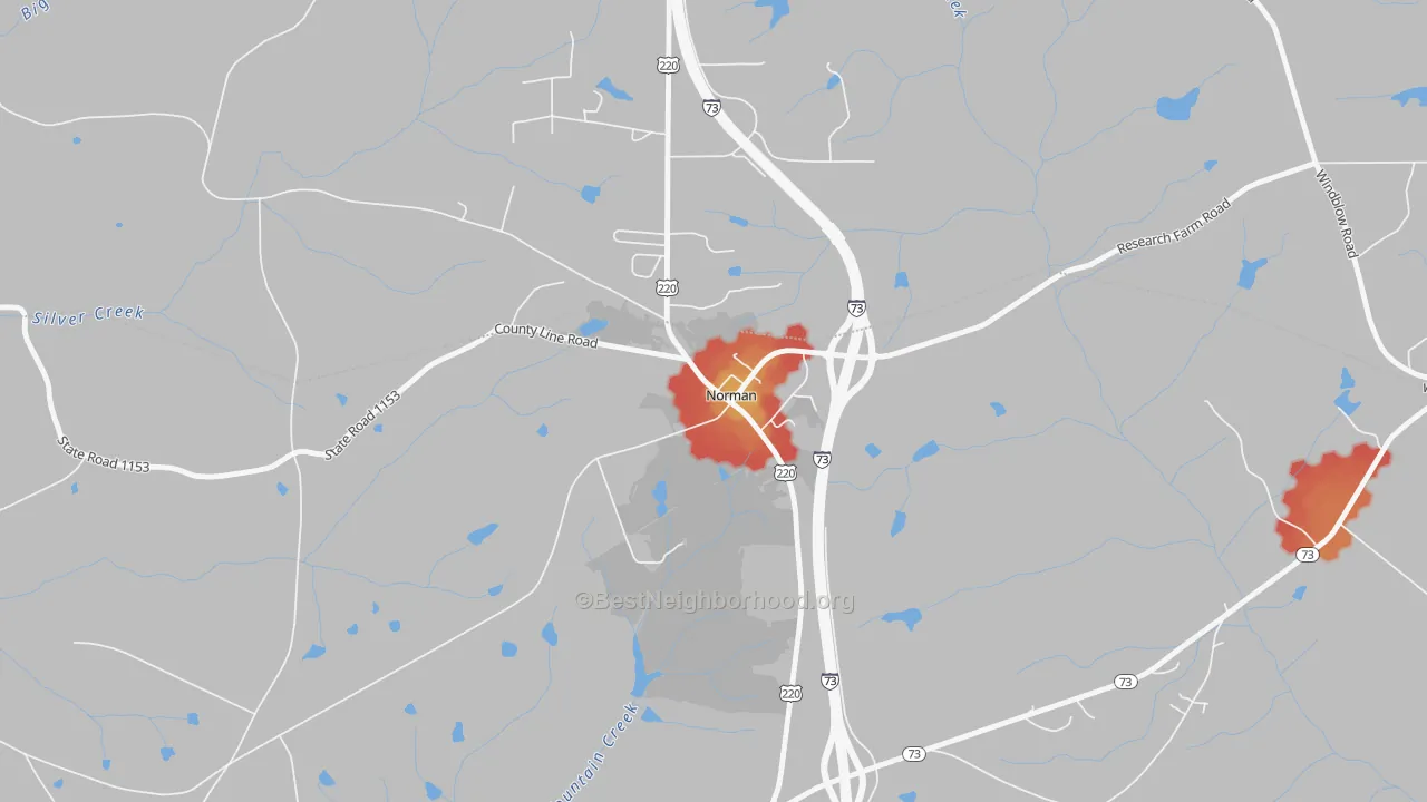 Walk Grade map of 28367, NC, walkable areas in green and car-dependent areas in red