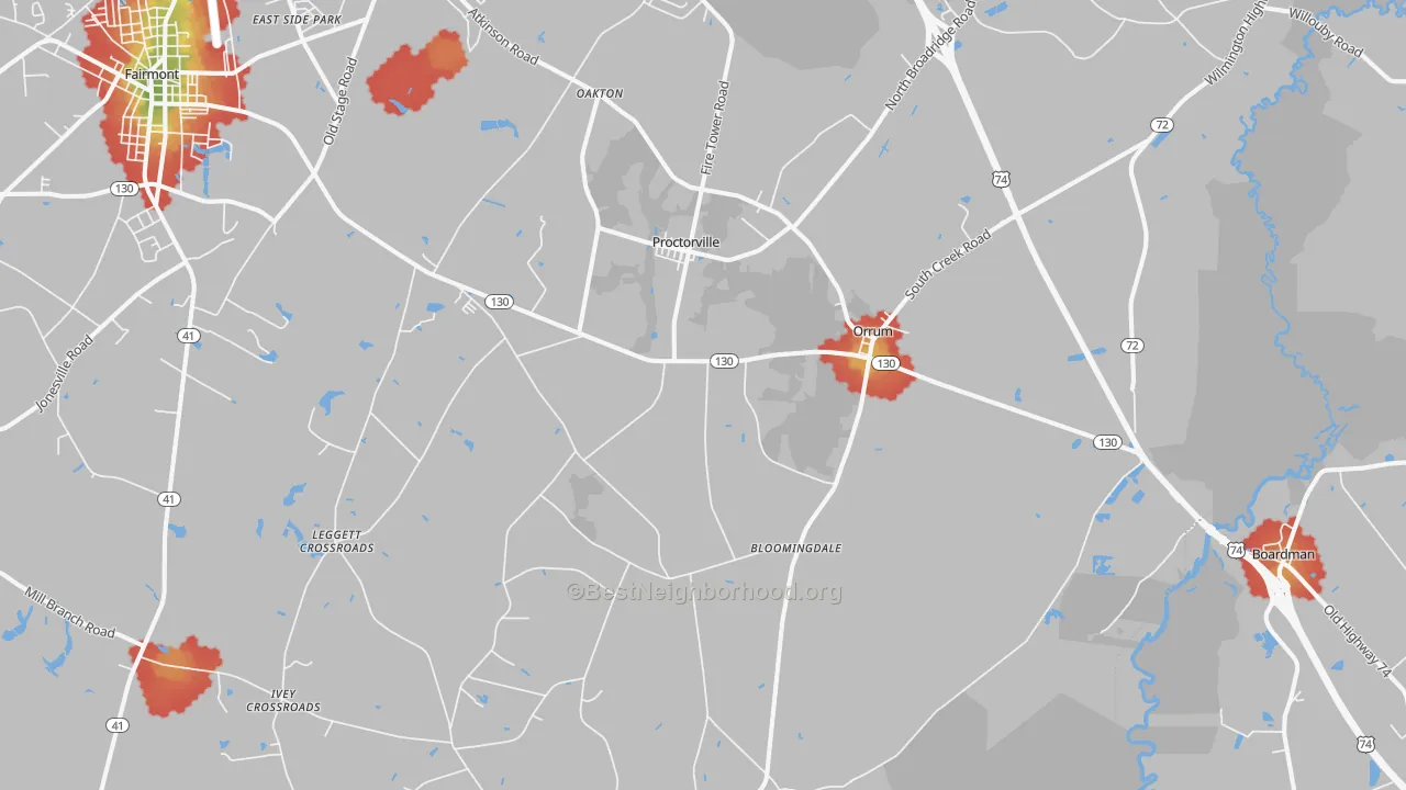 Walk Grade map of 28369, NC, walkable areas in green and car-dependent areas in red