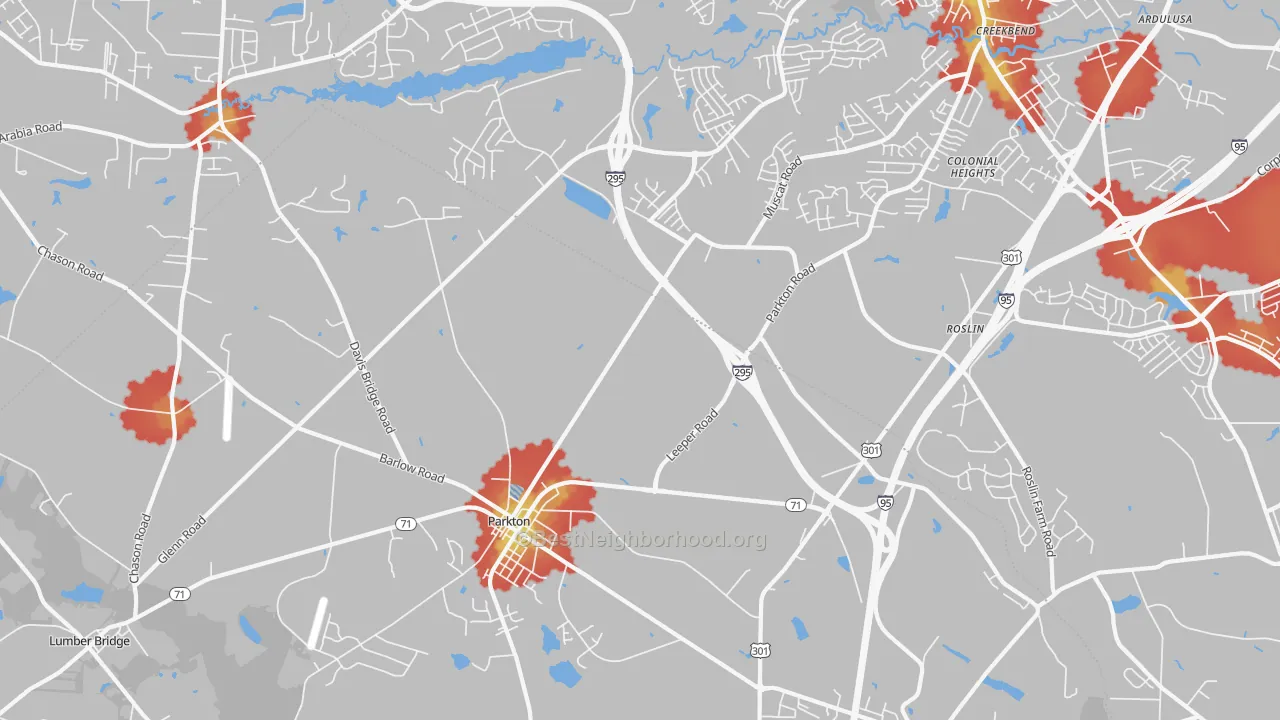 Walk Grade map of 28371, NC, walkable areas in green and car-dependent areas in red