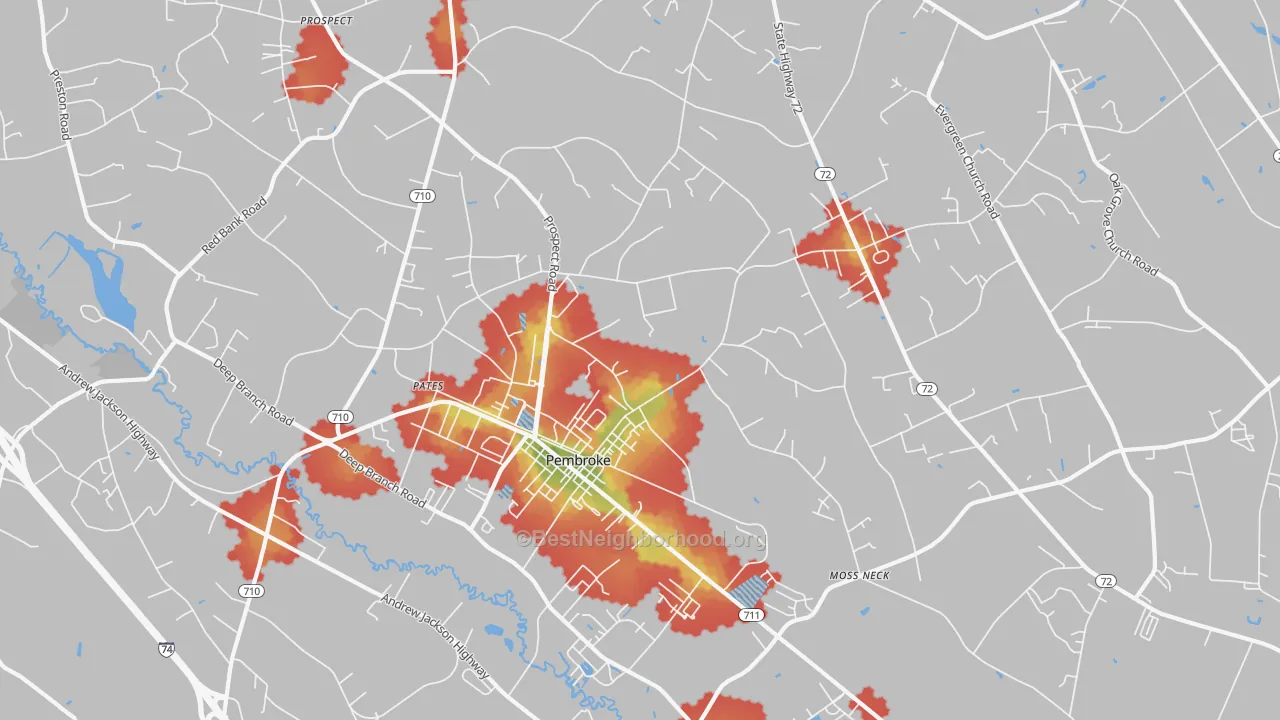 Walk Grade map of 28372, NC, walkable areas in green and car-dependent areas in red