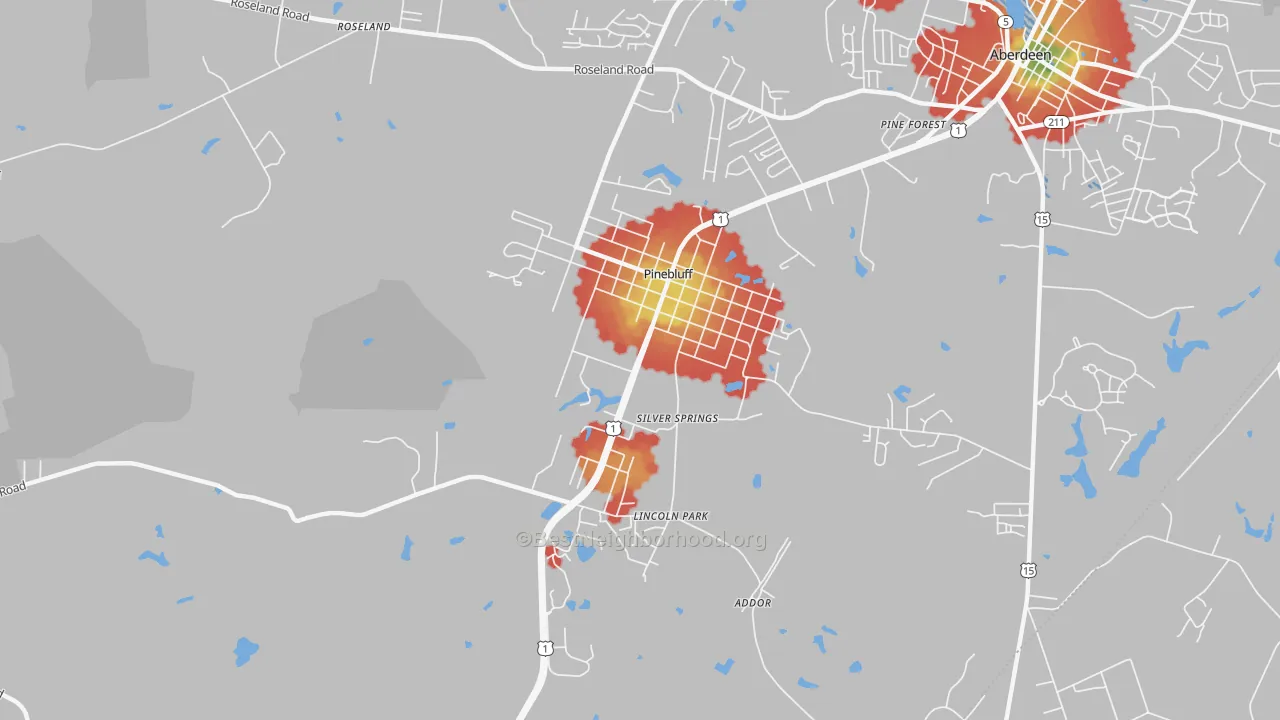 Walk Grade map of 28373, NC, walkable areas in green and car-dependent areas in red