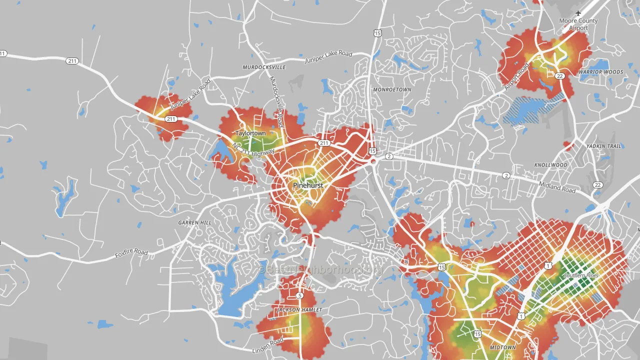 Walk Grade map of 28374, NC, walkable areas in green and car-dependent areas in red