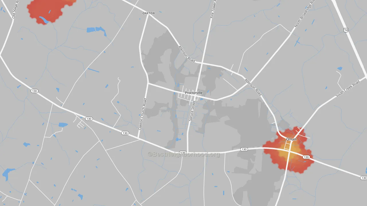 Walk Grade map of 28375, NC, walkable areas in green and car-dependent areas in red