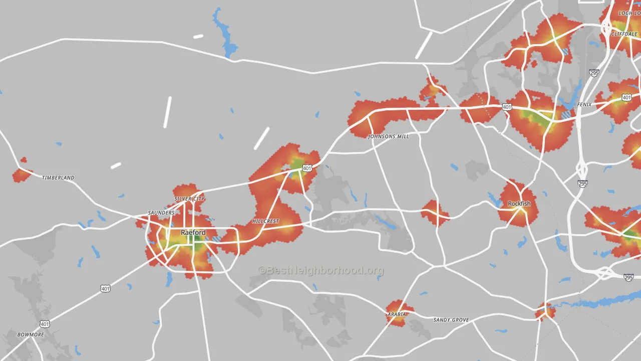 Walk Grade map of 28376, NC, walkable areas in green and car-dependent areas in red