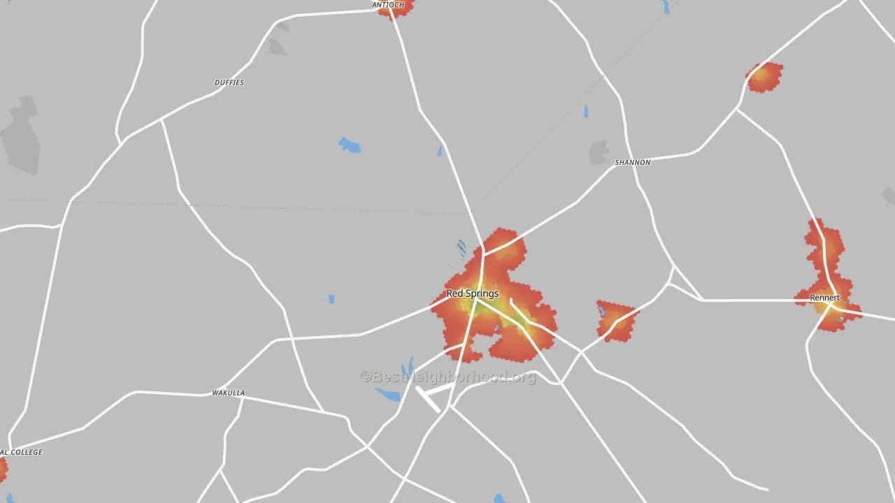 Walk Grade map of 28377, NC, walkable areas in green and car-dependent areas in red