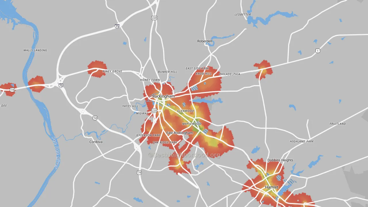 Walk Grade map of 28379, NC, walkable areas in green and car-dependent areas in red