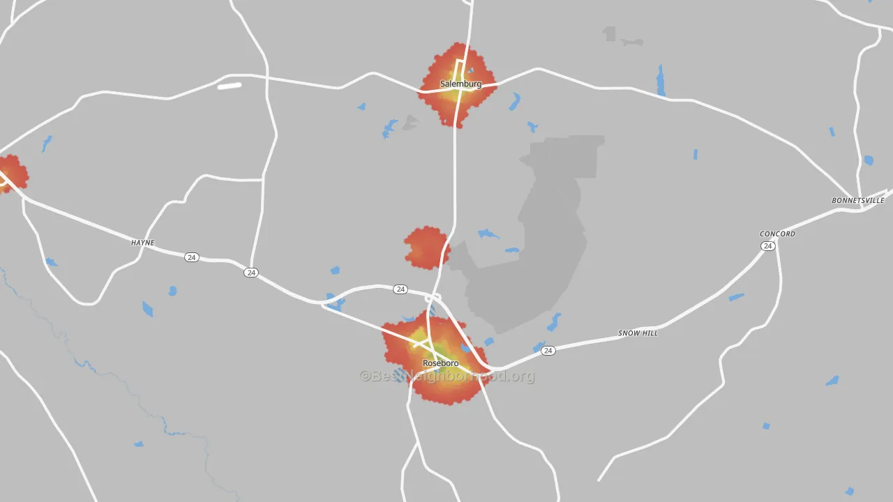 Walk Grade map of 28382, NC, walkable areas in green and car-dependent areas in red