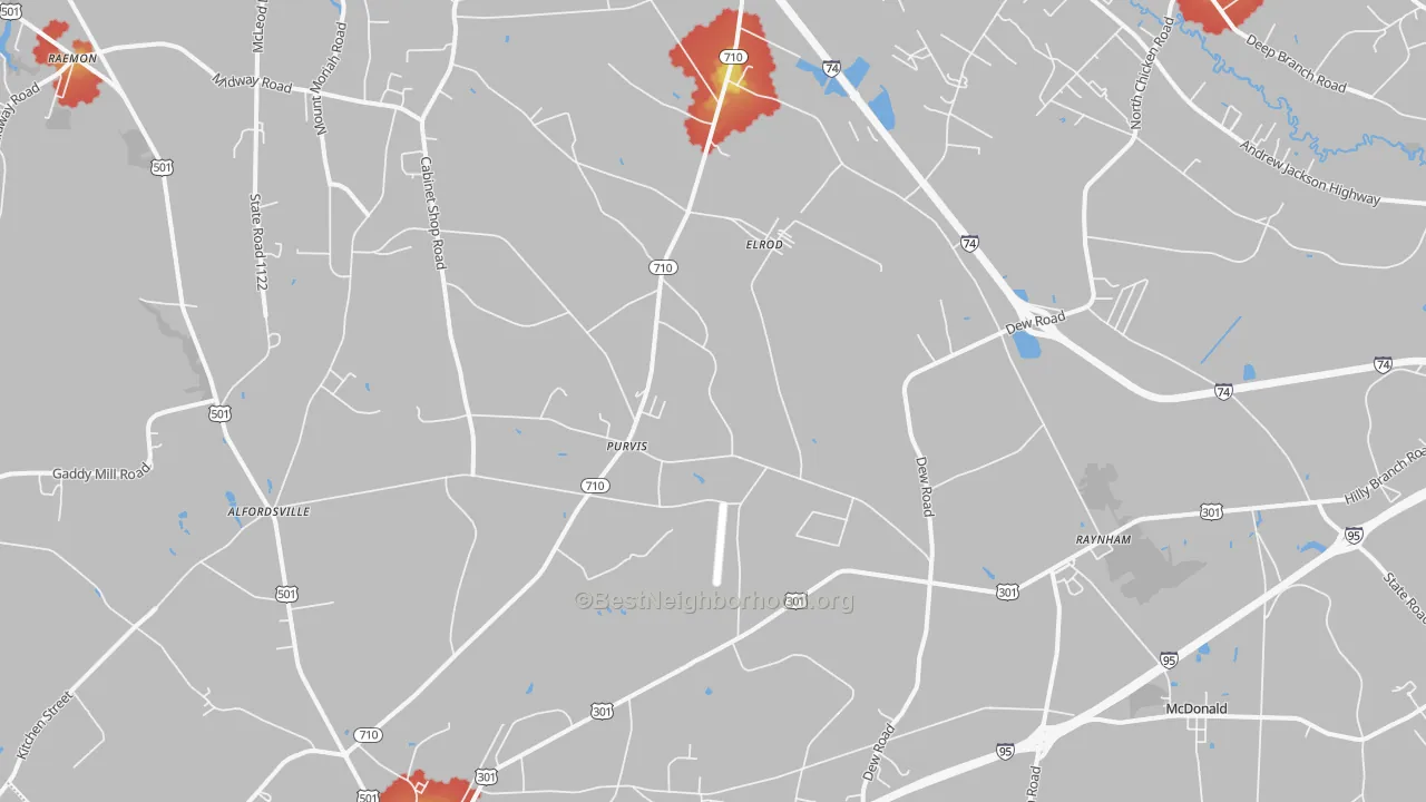 Walk Grade map of 28383, NC, walkable areas in green and car-dependent areas in red