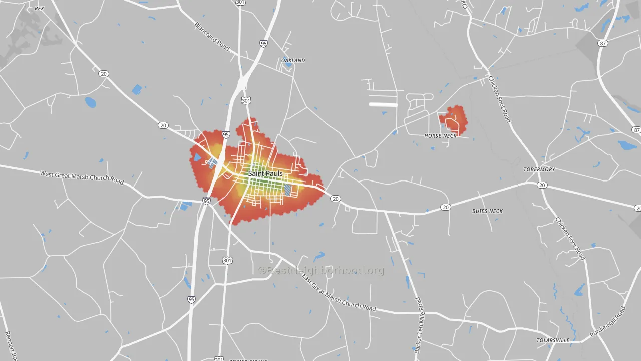 Walk Grade map of 28384, NC, walkable areas in green and car-dependent areas in red