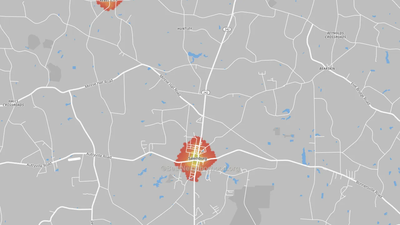 Walk Grade map of 28385, NC, walkable areas in green and car-dependent areas in red