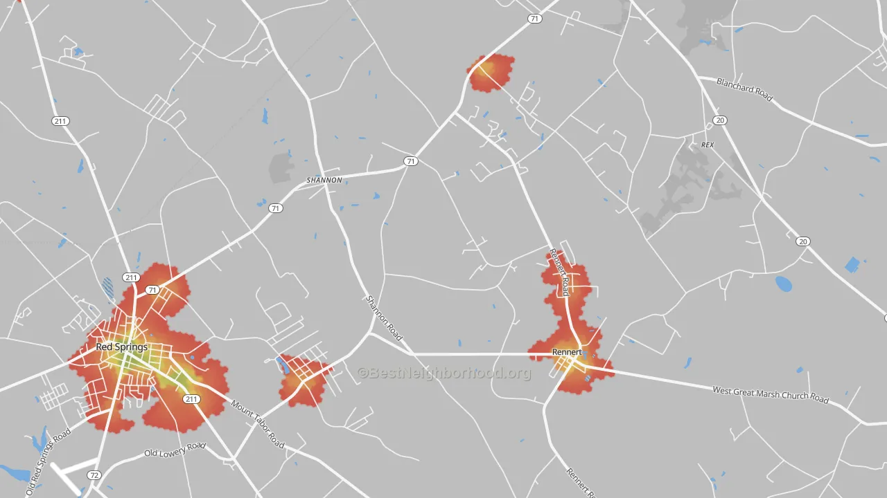 Walk Grade map of 28386, NC, walkable areas in green and car-dependent areas in red