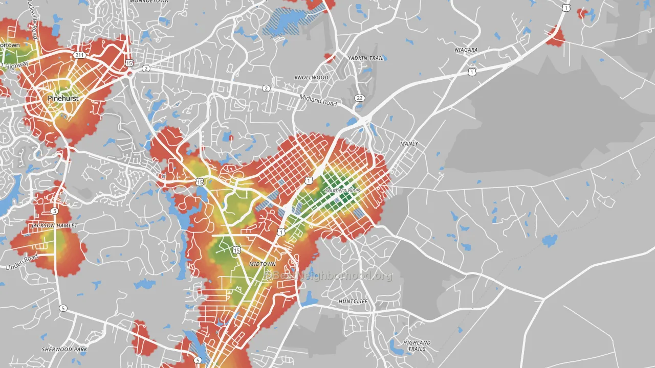 Walk Grade map of 28387, NC, walkable areas in green and car-dependent areas in red