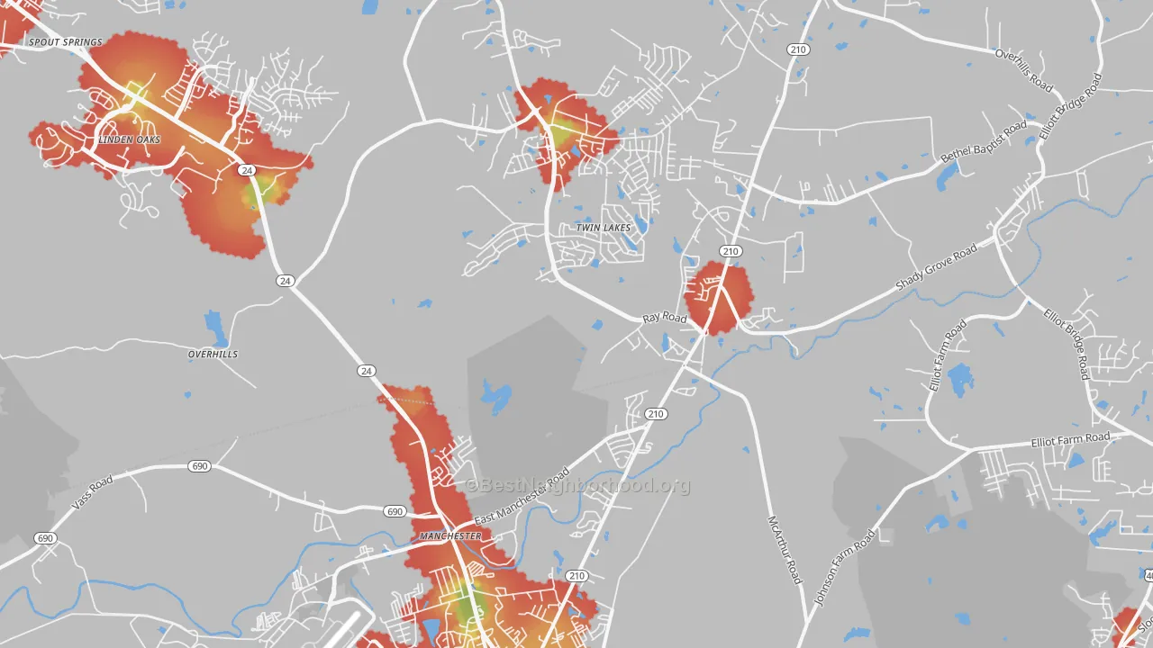 Walk Grade map of 28390, NC, walkable areas in green and car-dependent areas in red