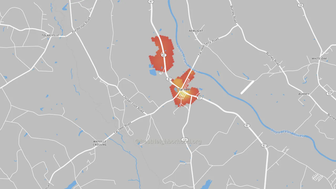 Walk Grade map of 28392, NC, walkable areas in green and car-dependent areas in red
